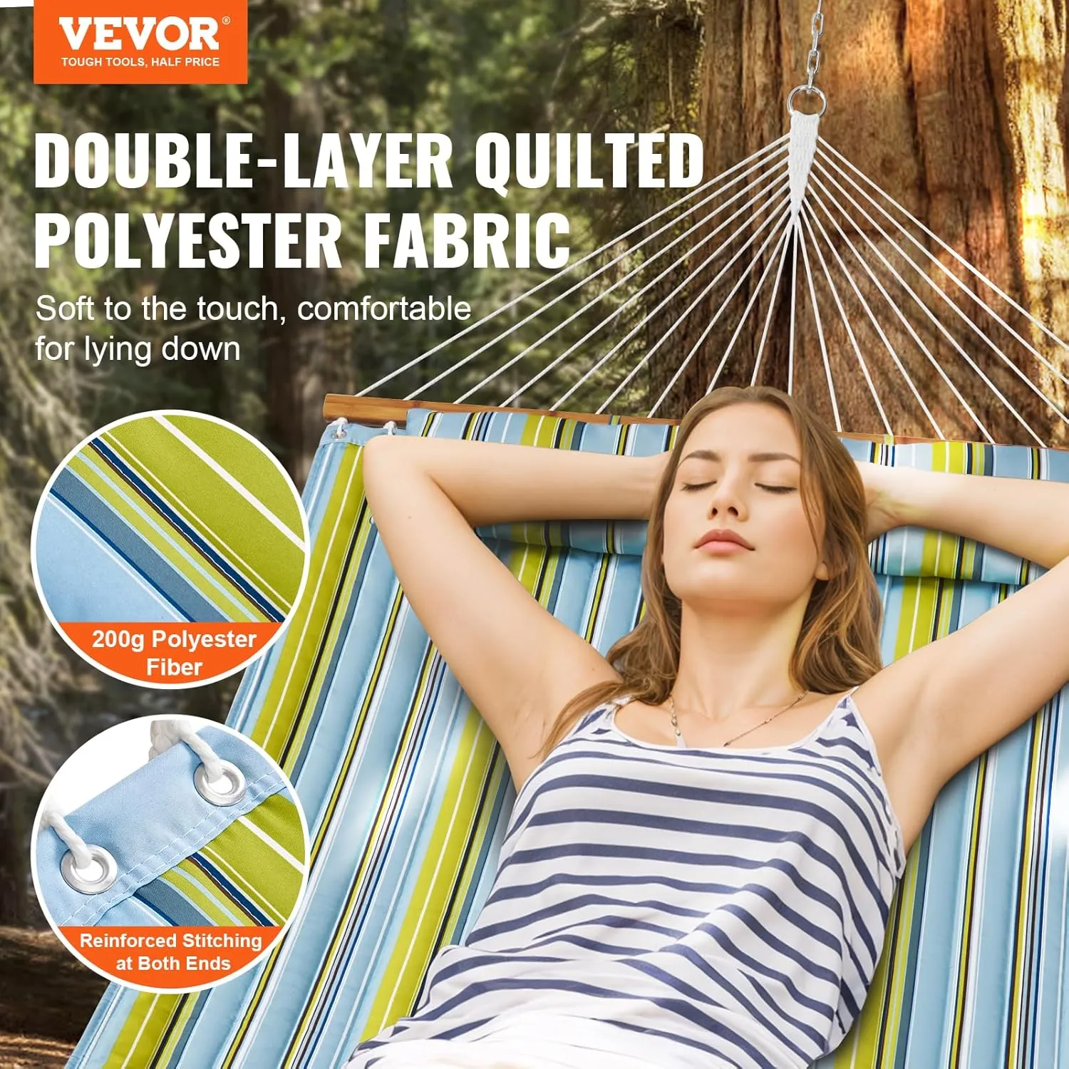 VEVOR Double Quilted Fabric Hammock, 12 FT Double Hammock with Hardwood Spreader Bars, Detachable Pillow and Chains for Camping Outdoor Patio Yard Beach, 480 lbs Capacity