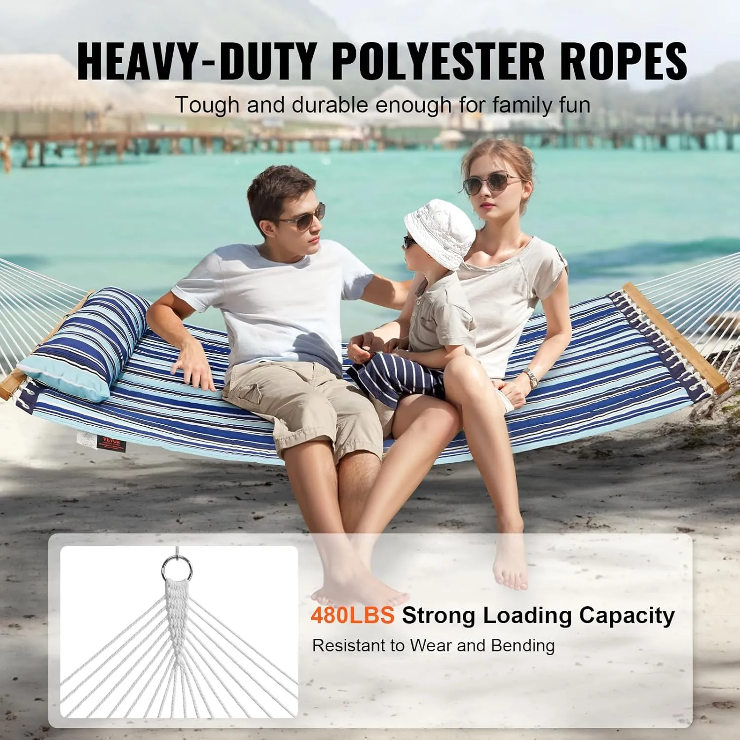 VEVOR Double Quilted Fabric Hammock, 12 FT With Hardwood Spreader Bars, 2 Person With Detachable Pillow and Chains for Camping Outdoor Patio Yard Beach, 480 lbs Capacity