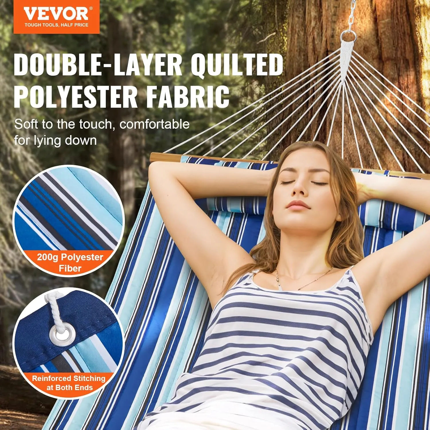 VEVOR Double Quilted Fabric Hammock, 12 FT With Hardwood Spreader Bars, 2 Person With Detachable Pillow and Chains for Camping Outdoor Patio Yard Beach, 480 lbs Capacity