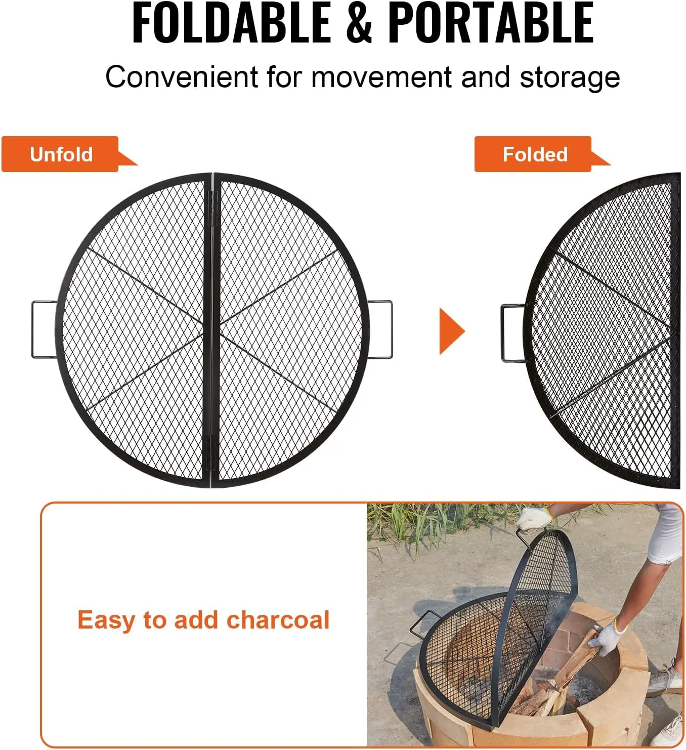 VEVOR Fire Pit Cooking Grill Grate 36 Inch, Foldable Round Cooking Rack, Heavy Duty X-Marks Campfire BBQ Grill with Portable Handle & Support Wire for Outdoor Picnic Party & Gathering, Black