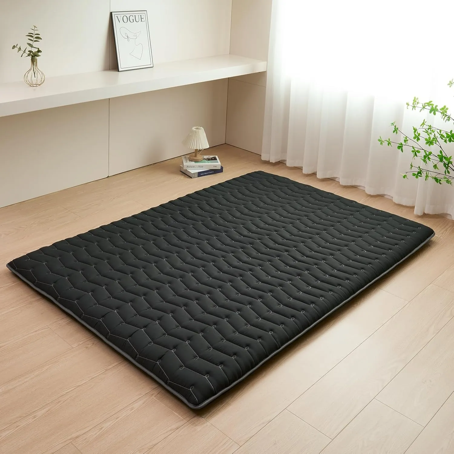 Vibe bear Premium 3.5" Thick Japanese Futon Floor Mattress - Queen Size 60"x80" - 100% High-Density Foam,Foldable Floor Mattress,Comfortable Tatami Mat for Dorm,Bedroom,or Guest Room(Black)