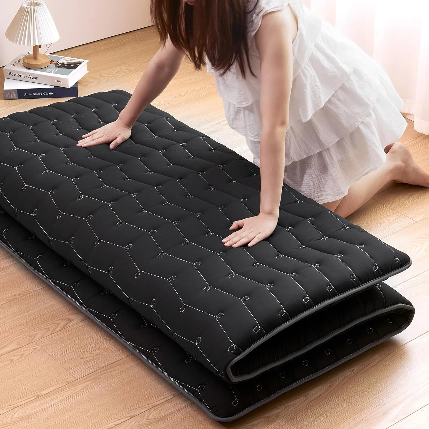 Vibe bear Premium 3.5" Thick Japanese Futon Floor Mattress - Queen Size 60"x80" - 100% High-Density Foam,Foldable Floor Mattress,Comfortable Tatami Mat for Dorm,Bedroom,or Guest Room(Black)
