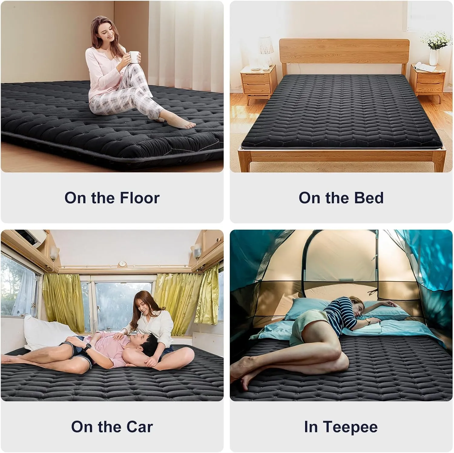 Vibe bear Premium 3.5" Thick Japanese Futon Floor Mattress - Queen Size 60"x80" - 100% High-Density Foam,Foldable Floor Mattress,Comfortable Tatami Mat for Dorm,Bedroom,or Guest Room(Black)