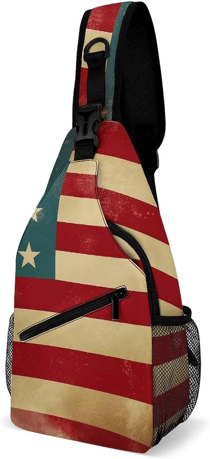 Vintage American Flag 4Th of July Sling Bag with Rfid Blocking Causal Mens Crossbody Bag Lightweight Chest Pack Large Man Purse Travel Crossbody Backpack Shoulder Sling Backpack for Hiking Running Cyc