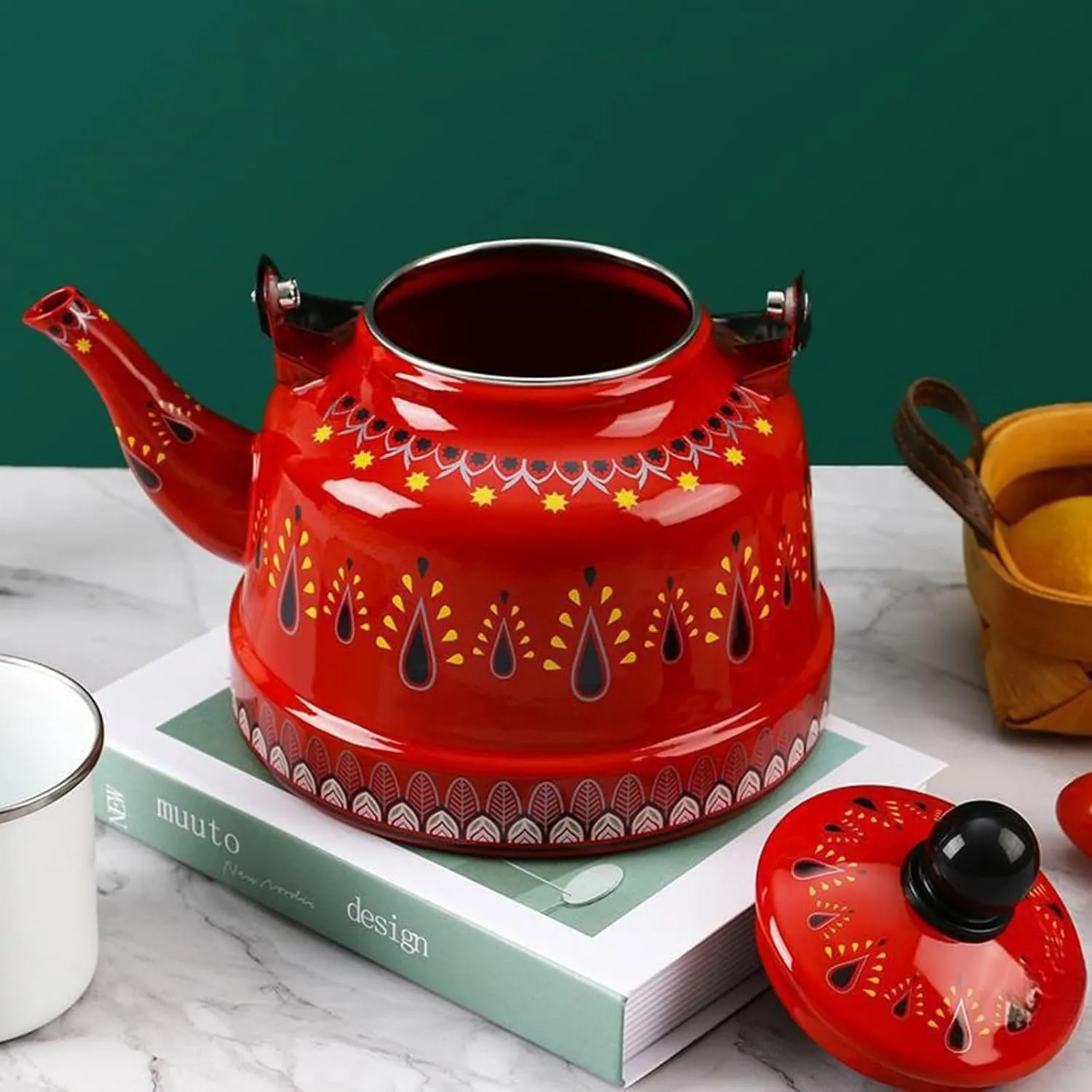 Vintage Enamel Tea Kettle with Ergonomic Folding Handle Camping Coffee Pot for Gas and Induction Stoves(Red,1.1L)