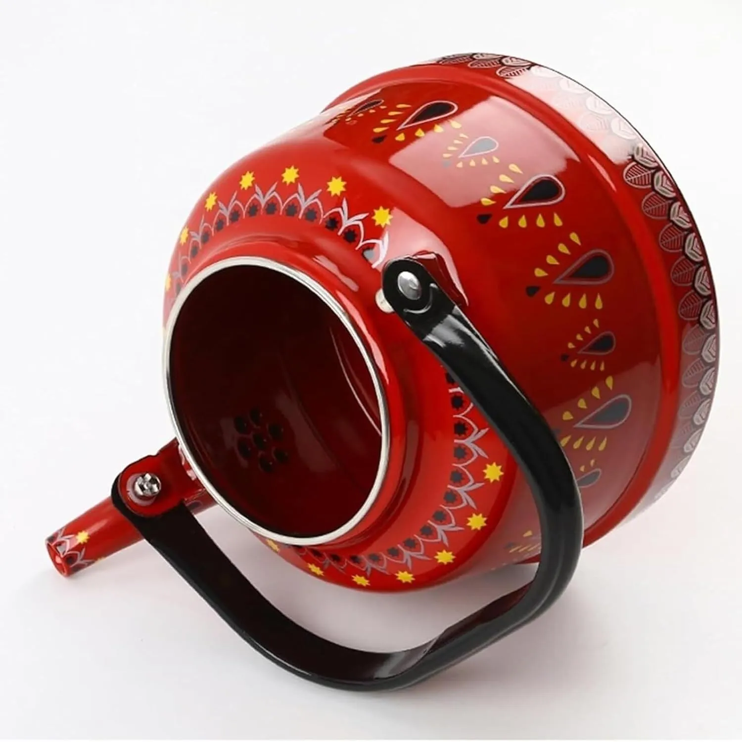 Vintage Enamel Tea Kettle with Ergonomic Folding Handle Camping Coffee Pot for Gas and Induction Stoves(Red,1.1L)