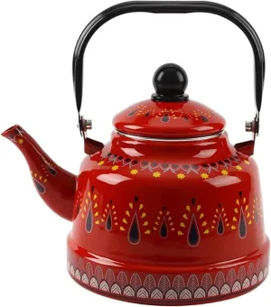 Vintage Enamel Tea Kettle with Ergonomic Folding Handle Camping Coffee Pot for Gas and Induction Stoves(Red,1.1L)