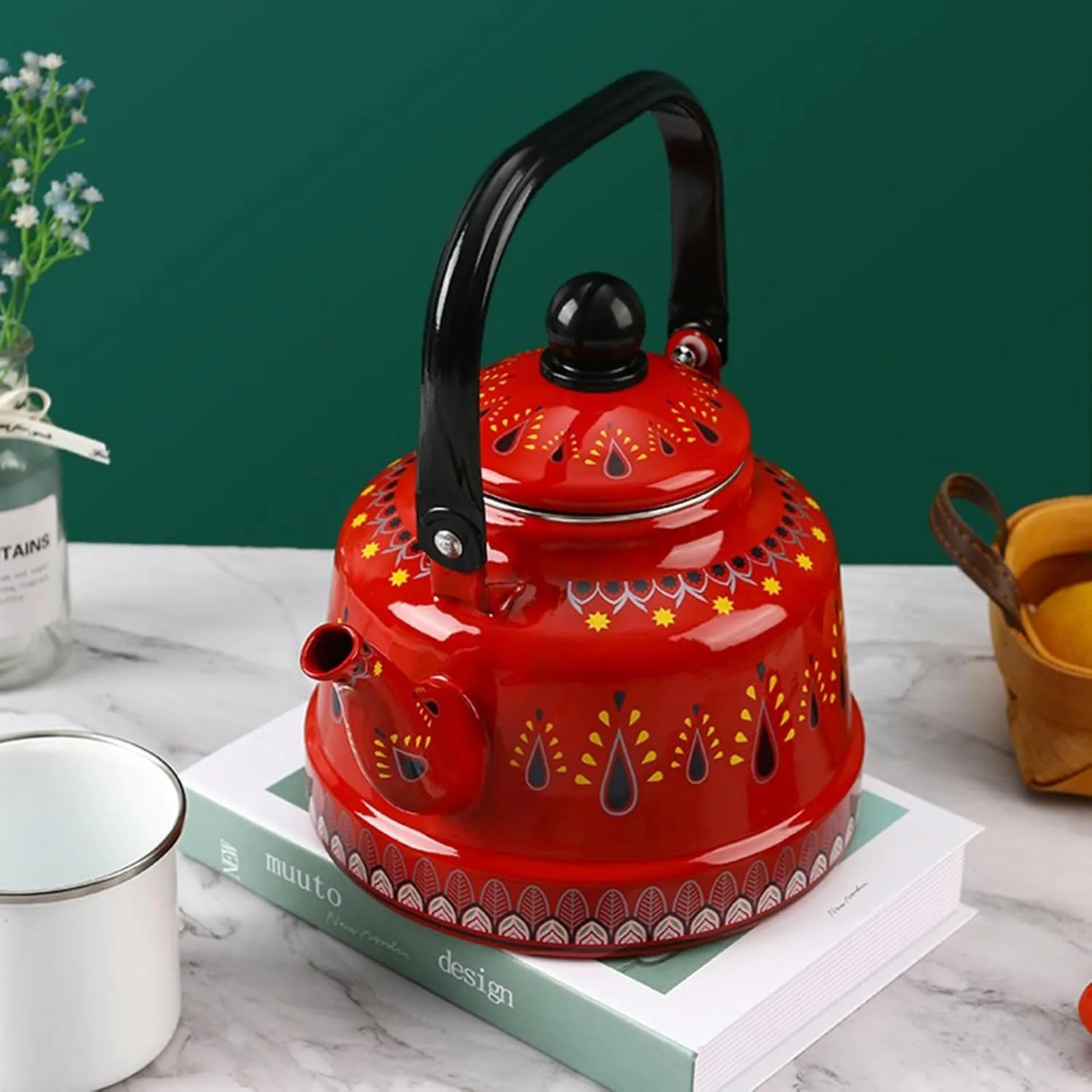 Vintage Enamel Tea Kettle with Ergonomic Folding Handle Camping Coffee Pot for Gas and Induction Stoves(Red,1.1L)