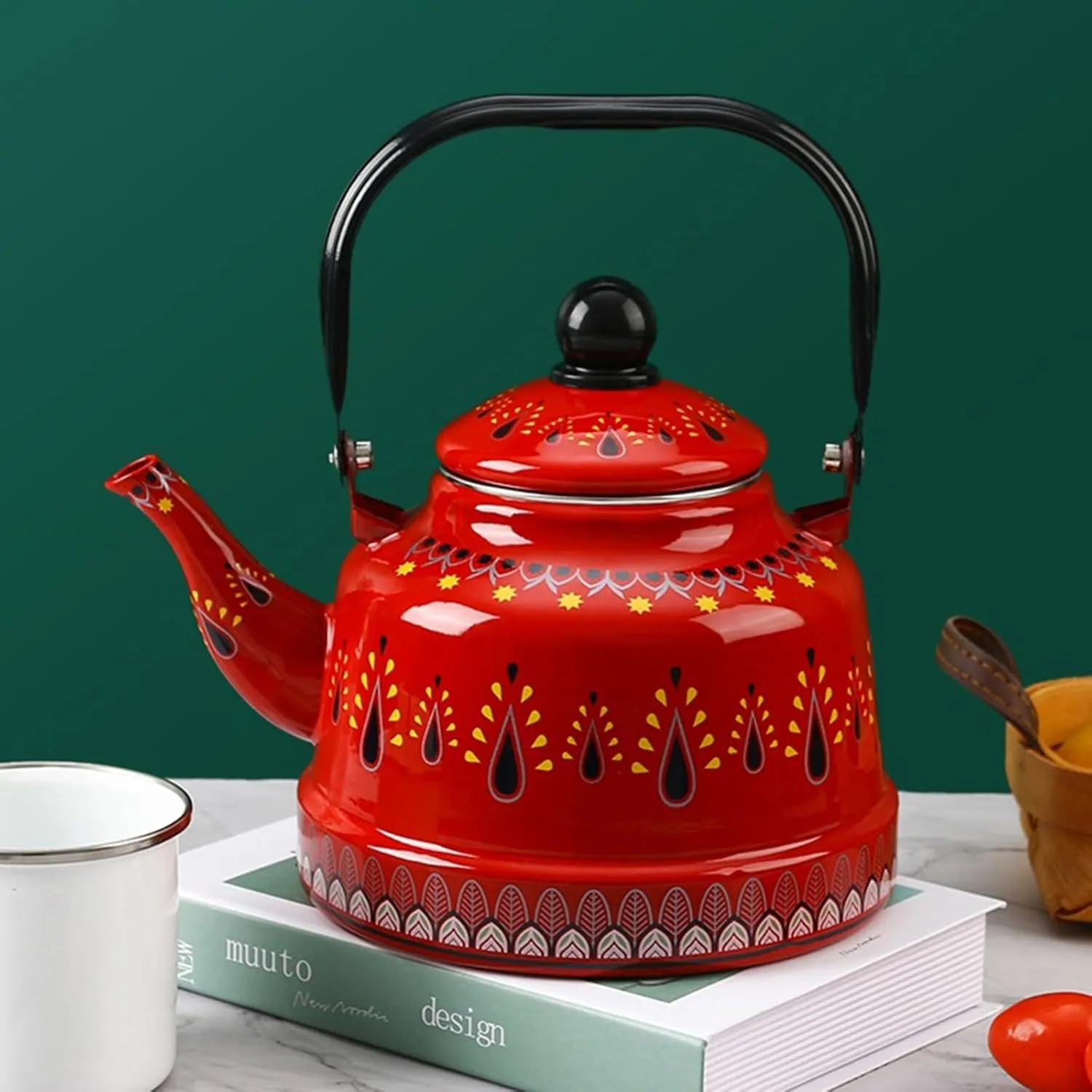 Vintage Enamel Tea Kettle with Ergonomic Folding Handle Camping Coffee Pot for Gas and Induction Stoves(Red,1.1L)
