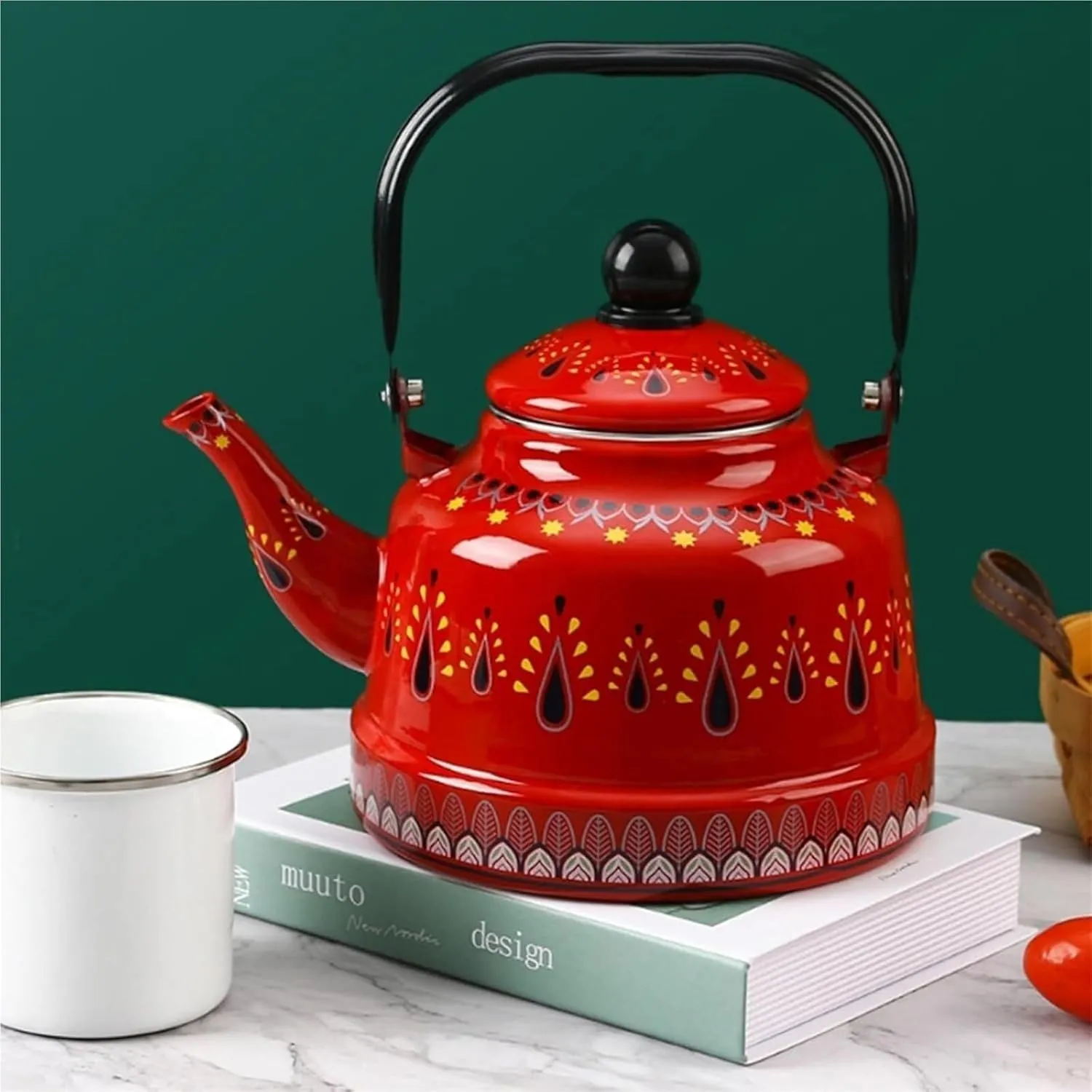 Vintage Enamel Tea Kettle with Ergonomic Folding Handle Camping Coffee Pot for Gas and Induction Stoves(Red,1.1L)