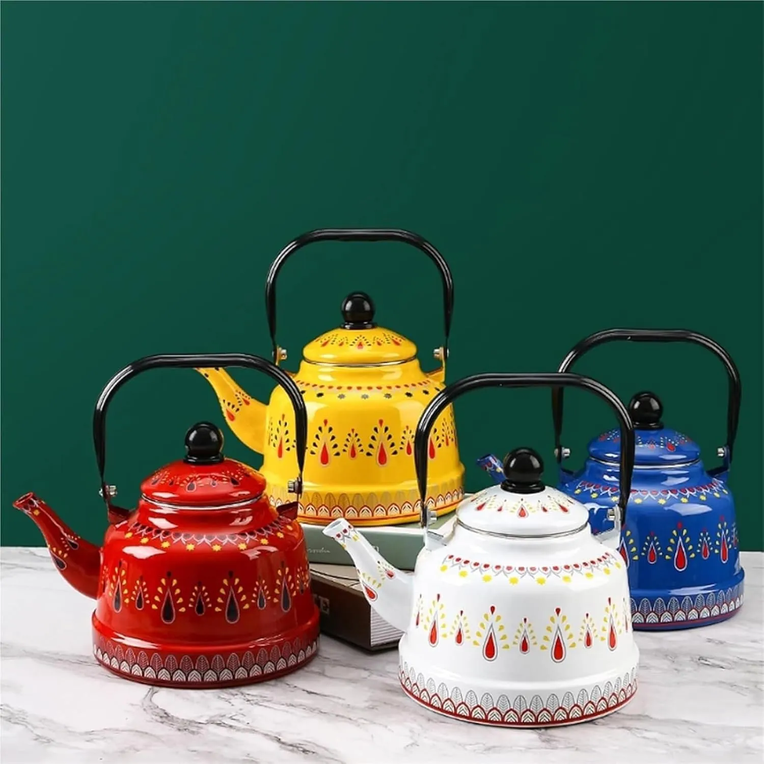 Vintage Enamel Tea Kettle with Ergonomic Folding Handle Camping Coffee Pot for Gas and Induction Stoves(Red,1.1L)