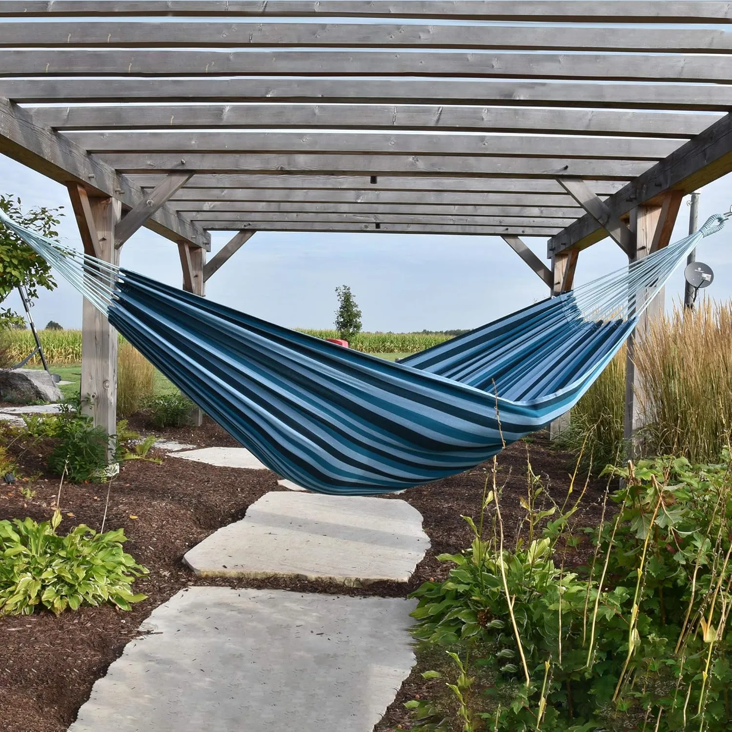 Vivere Brazilian Style Double Cotton Hammock with Polyester End Strings, 450 lb Weight Capacity (Blue Lagoon)