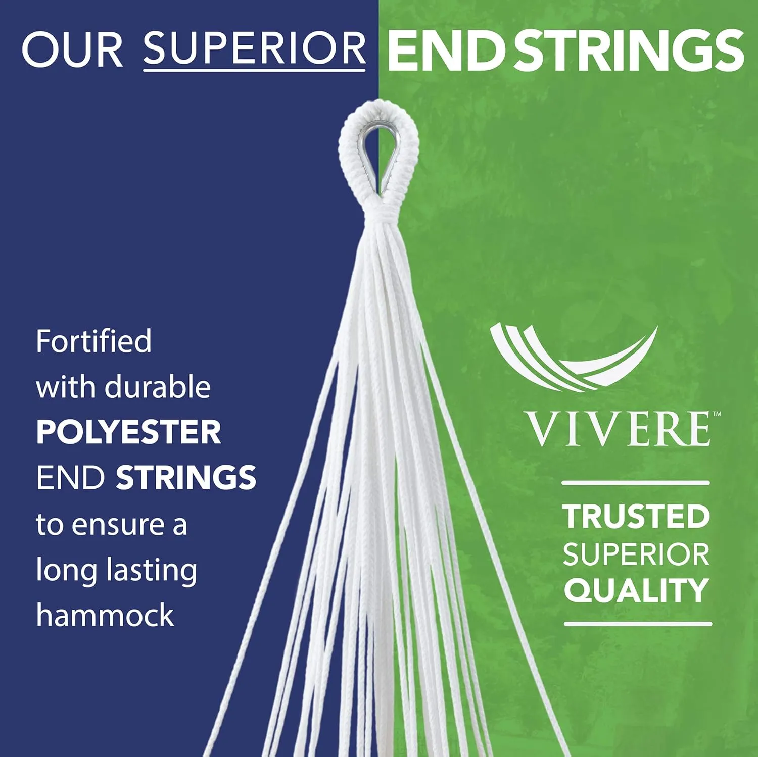 Vivere Brazilian Style Double Cotton Hammock with Polyester End Strings, 450 lb Weight Capacity (Blue Lagoon)