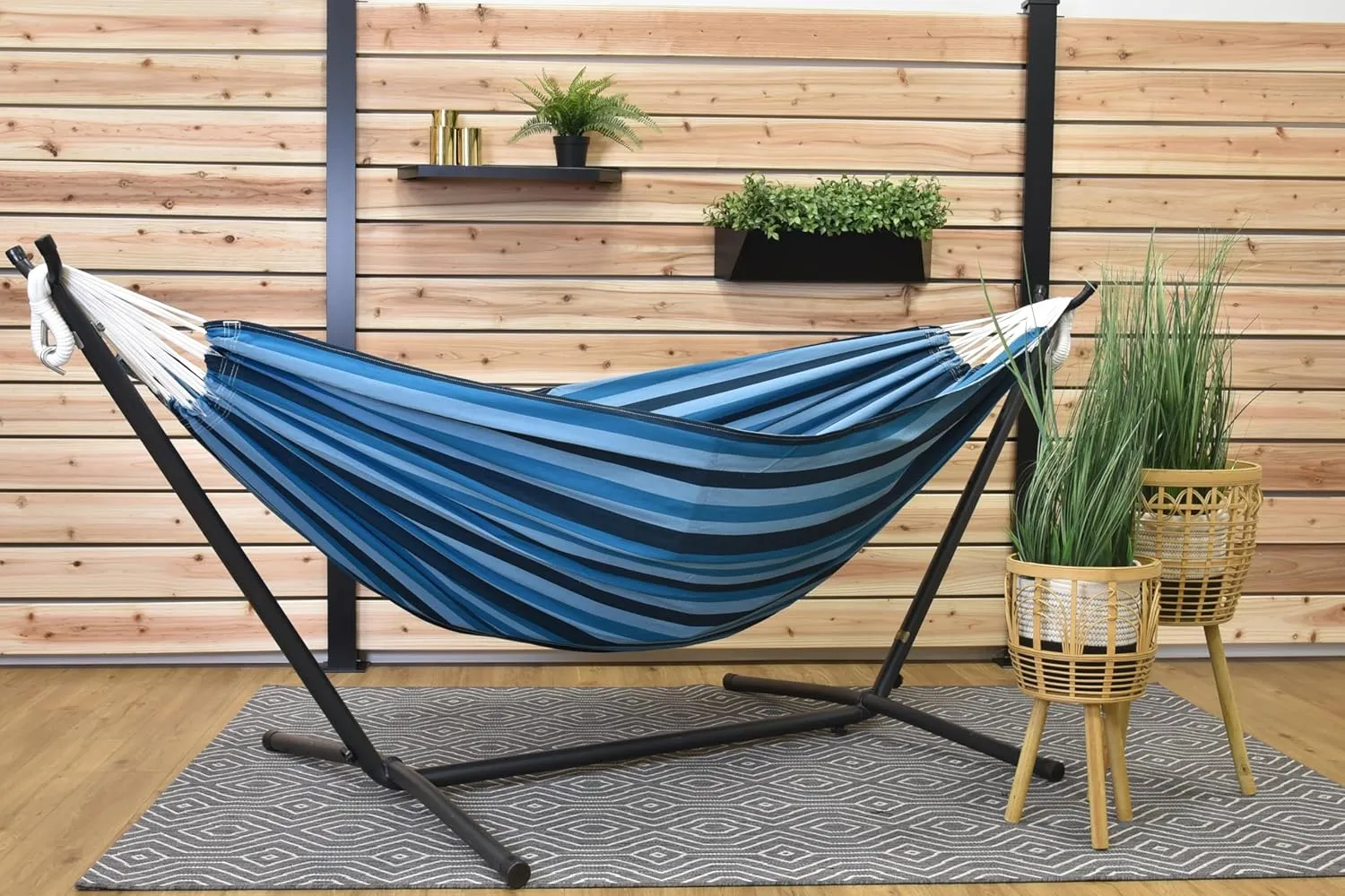 Vivere Double Cotton Hammock with Space Saving Steel Stand, Upgraded Polyester End Strings 450 lb Capacity - Premium Carry Bag Included - USA Grown Cotton (Blue Lagoon)