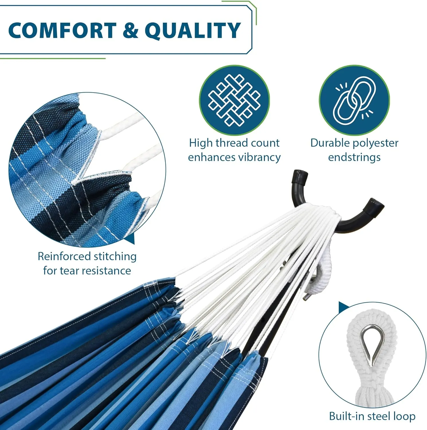 Vivere Double Cotton Hammock with Space Saving Steel Stand, Upgraded Polyester End Strings 450 lb Capacity - Premium Carry Bag Included - USA Grown Cotton (Blue Lagoon)