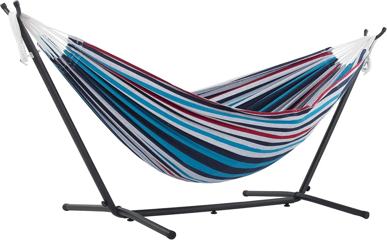 Vivere Double Cotton Hammock with Space Saving Steel Stand, Upgraded Polyester End Strings 450 lb Capacity - Premium Carry Bag Included - USA Grown Cotton (Denim)