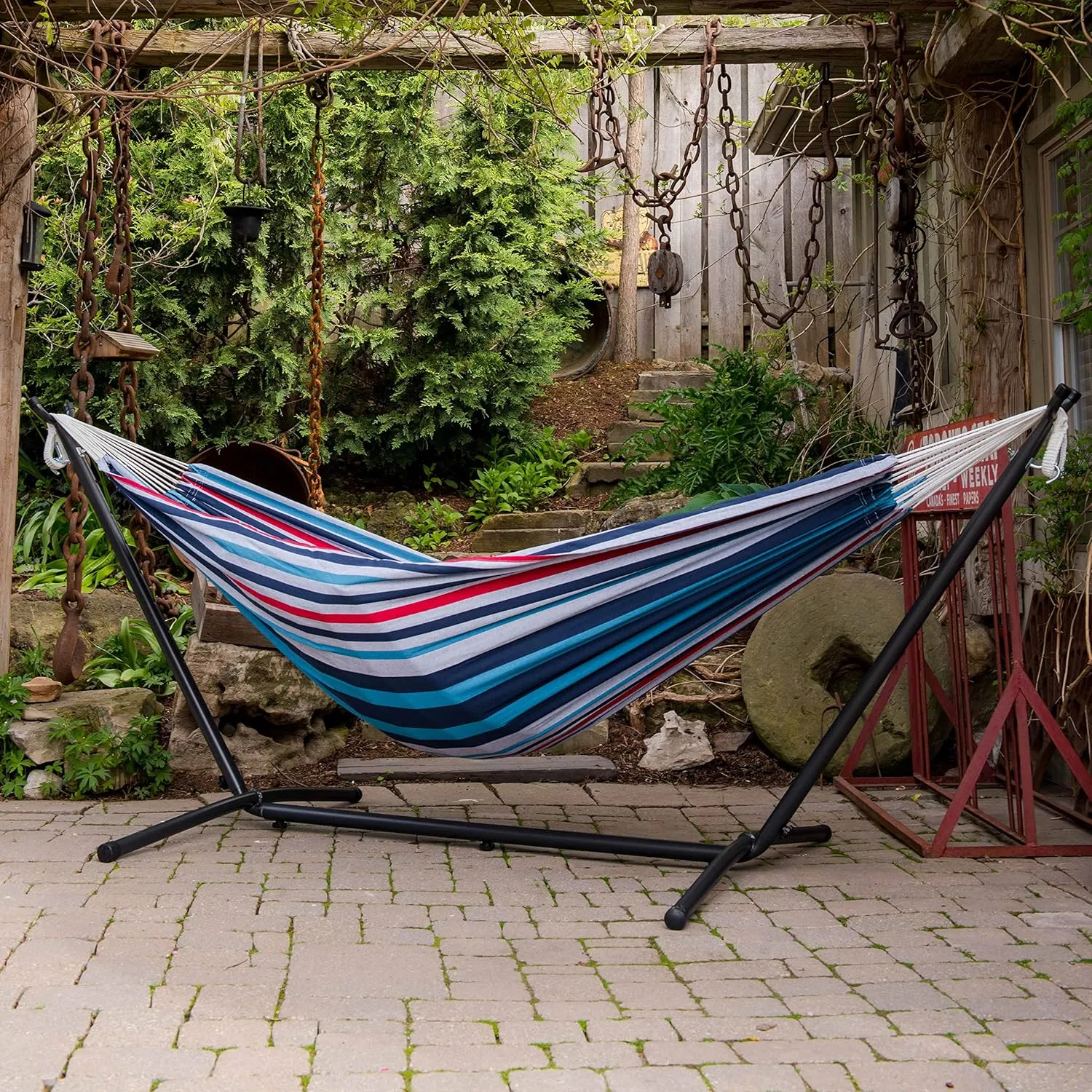 Vivere Double Cotton Hammock with Space Saving Steel Stand, Upgraded Polyester End Strings 450 lb Capacity - Premium Carry Bag Included - USA Grown Cotton (Denim)