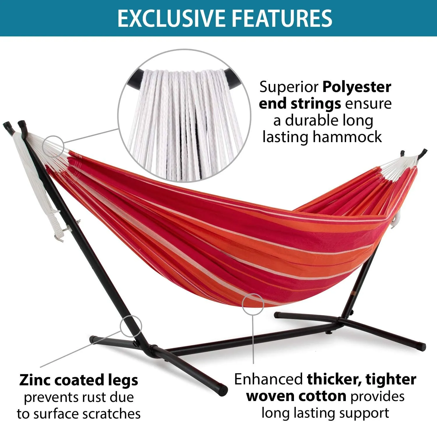 Vivere Double Cotton Hammock with Space Saving Steel Stand, Upgraded Polyester End Strings 450 lb Capacity - Premium Carry Bag Included - USA Grown Cotton (Mimosa)