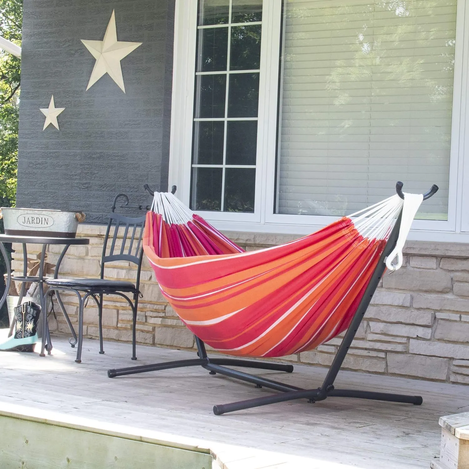 Vivere Double Cotton Hammock with Space Saving Steel Stand, Upgraded Polyester End Strings 450 lb Capacity - Premium Carry Bag Included - USA Grown Cotton (Mimosa)