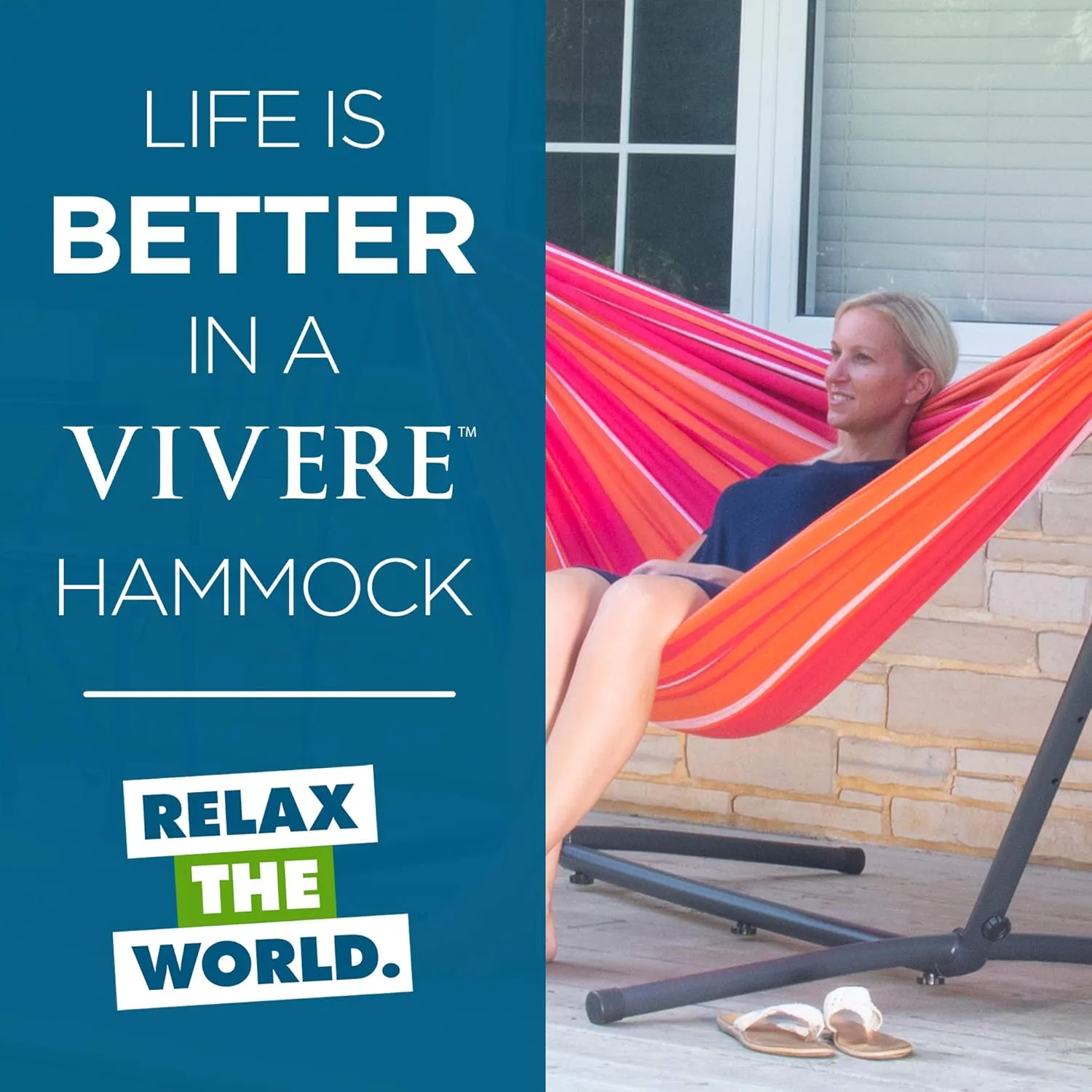 Vivere Double Cotton Hammock with Space Saving Steel Stand, Upgraded Polyester End Strings 450 lb Capacity - Premium Carry Bag Included - USA Grown Cotton (Mimosa)