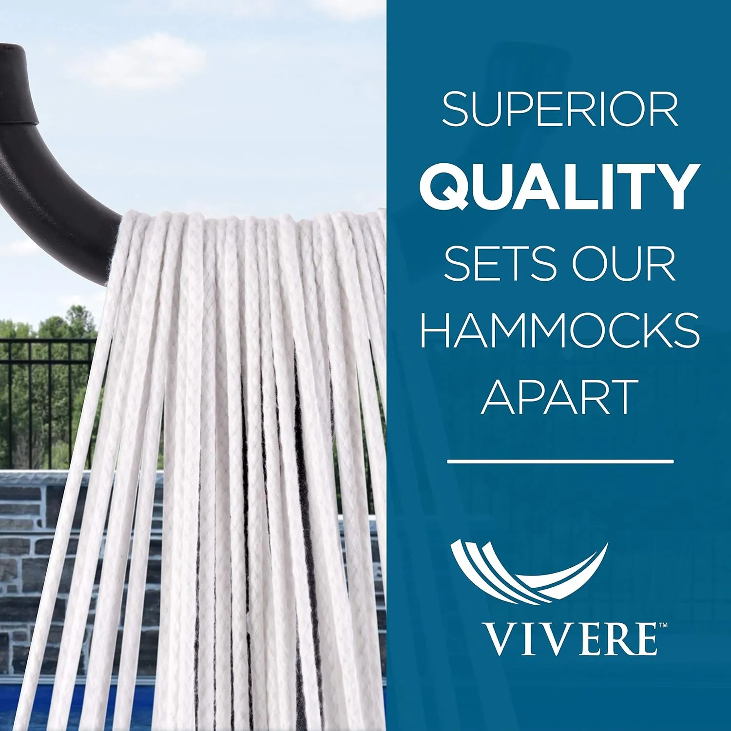 Vivere Double Cotton Hammock with Space Saving Steel Stand, Upgraded Polyester End Strings 450 lb Capacity - Premium Carry Bag Included - USA Grown Cotton (Mimosa)