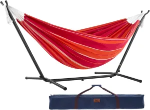 Vivere Double Cotton Hammock with Space Saving Steel Stand, Upgraded Polyester End Strings 450 lb Capacity - Premium Carry Bag Included - USA Grown Cotton (Mimosa)