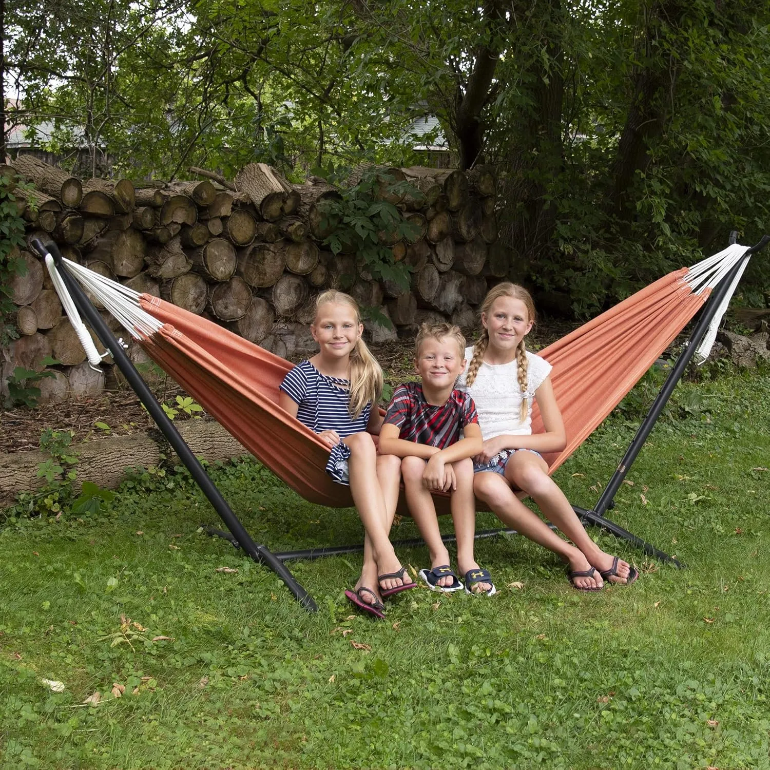Vivere Double Hammock with Space Saving Steel Stand, 450 lb Capacity - Premium Carry Bag Included (Coral)
