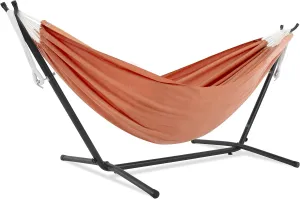 Vivere Double Hammock with Space Saving Steel Stand, 450 lb Capacity - Premium Carry Bag Included (Coral)