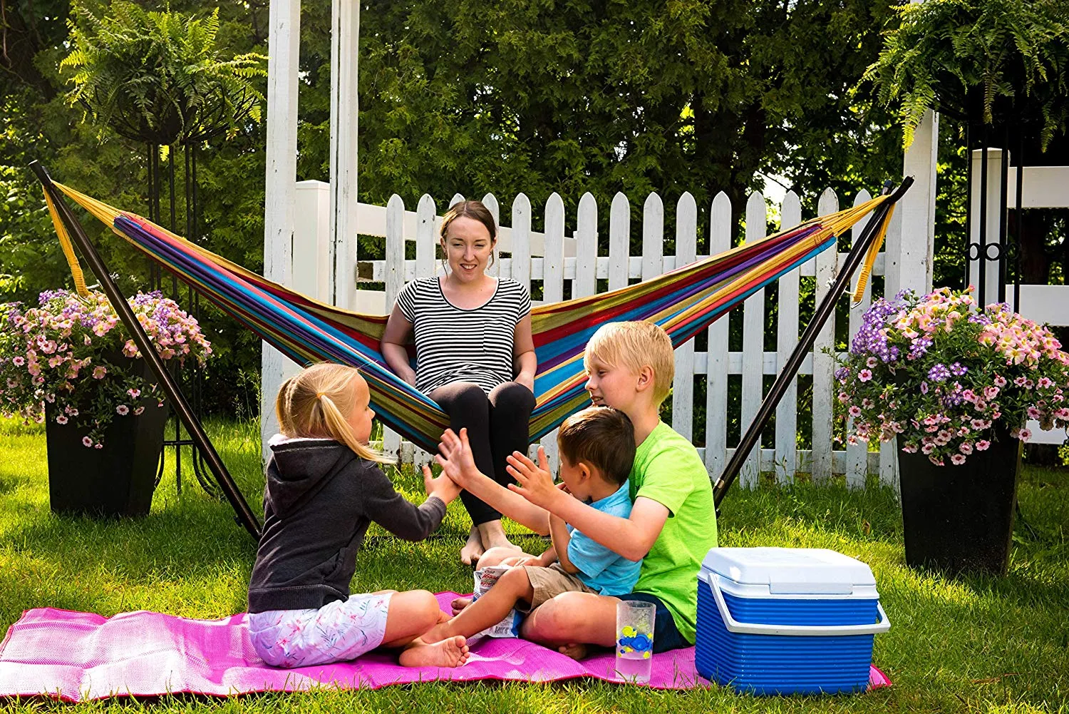 Vivere Double Hammock with Space-Saving Steel Stand, Tropical