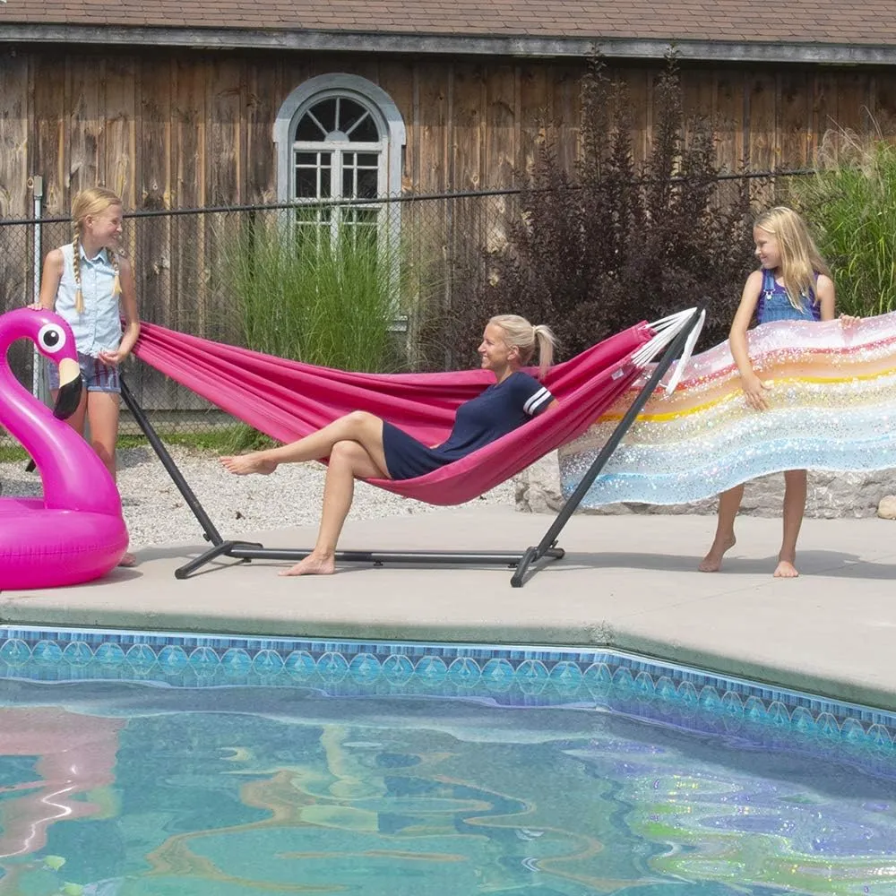 Vivere Double Polyester Hammock with Space Saving Steel Stand and Premium Carry Bag - 450 lb Capacity (Hot Pink)
