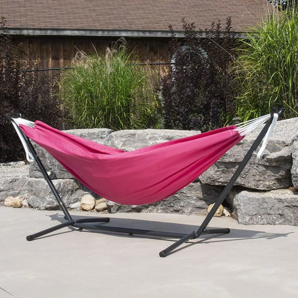 Vivere Double Polyester Hammock with Space Saving Steel Stand and Premium Carry Bag - 450 lb Capacity (Hot Pink)