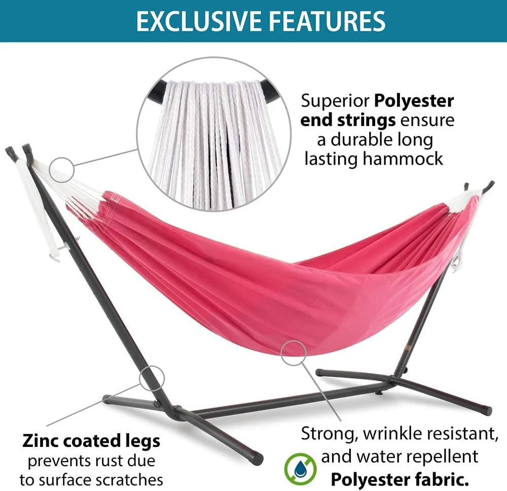Vivere Double Polyester Hammock with Space Saving Steel Stand and Premium Carry Bag - 450 lb Capacity (Hot Pink)