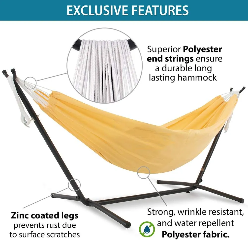 Vivere Double Polyester Hammock with Space Saving Steel Stand and Premium Carry Bag - 450 lb Capacity (Yellow)