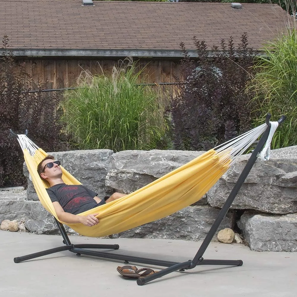 Vivere Double Polyester Hammock with Space Saving Steel Stand and Premium Carry Bag - 450 lb Capacity (Yellow)