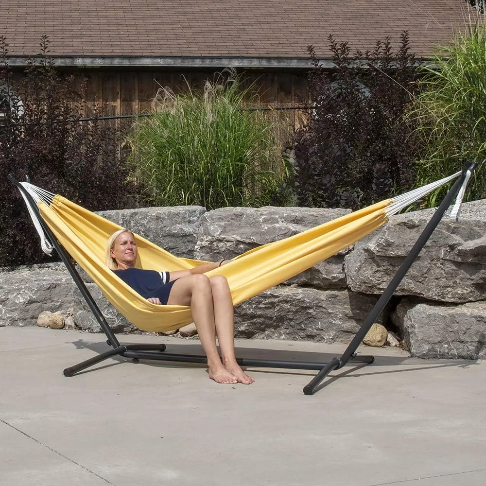 Vivere Double Polyester Hammock with Space Saving Steel Stand and Premium Carry Bag - 450 lb Capacity (Yellow)
