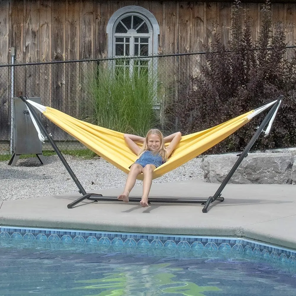 Vivere Double Polyester Hammock with Space Saving Steel Stand and Premium Carry Bag - 450 lb Capacity (Yellow)