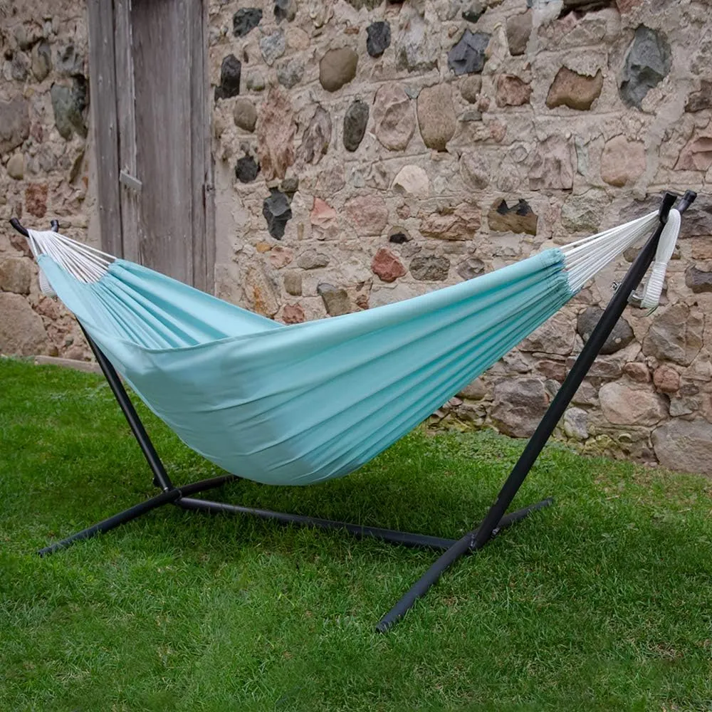 Vivere Double Polyester Hammock with Space Saving Steel Stand and Premium Carry Bag - 450 lb Capacity