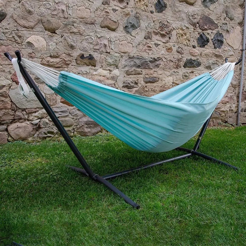 Vivere Double Polyester Hammock with Space Saving Steel Stand and Premium Carry Bag - 450 lb Capacity