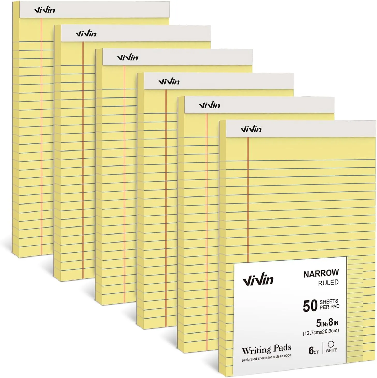 ViVin 5 x 8 Inch Legal Pads, 6 Pack, Narrow Ruled, 50 Sheets Per Writing Pad, Perforated Note Pads Ideal for Home, Office, Business, 300 Sheets (6 Pack of 50), Canary Yellow Paper