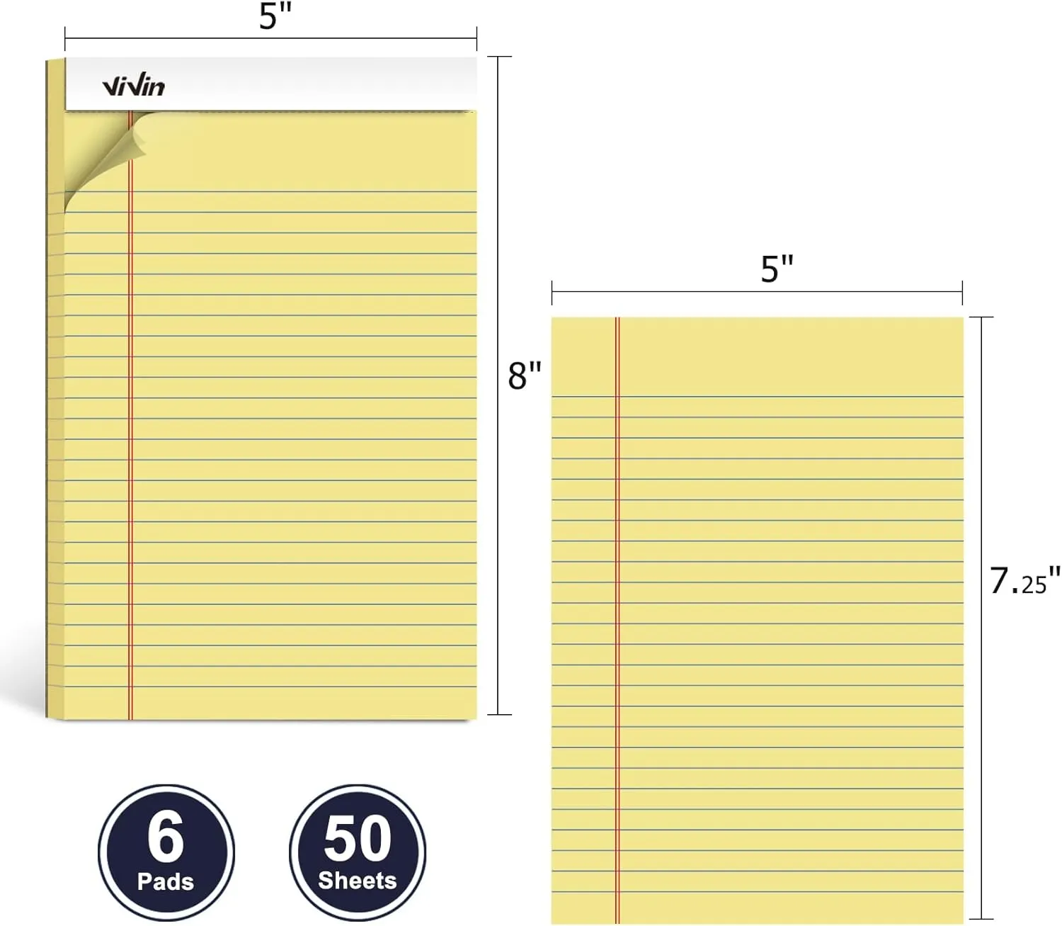 ViVin 5 x 8 Inch Legal Pads, 6 Pack, Narrow Ruled, 50 Sheets Per Writing Pad, Perforated Note Pads Ideal for Home, Office, Business, 300 Sheets (6 Pack of 50), Canary Yellow Paper