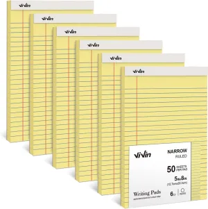 ViVin 5 x 8 Inch Legal Pads, 6 Pack, Narrow Ruled, 50 Sheets Per Writing Pad, Perforated Note Pads Ideal for Home, Office, Business, 300 Sheets (6 Pack of 50), Canary Yellow Paper