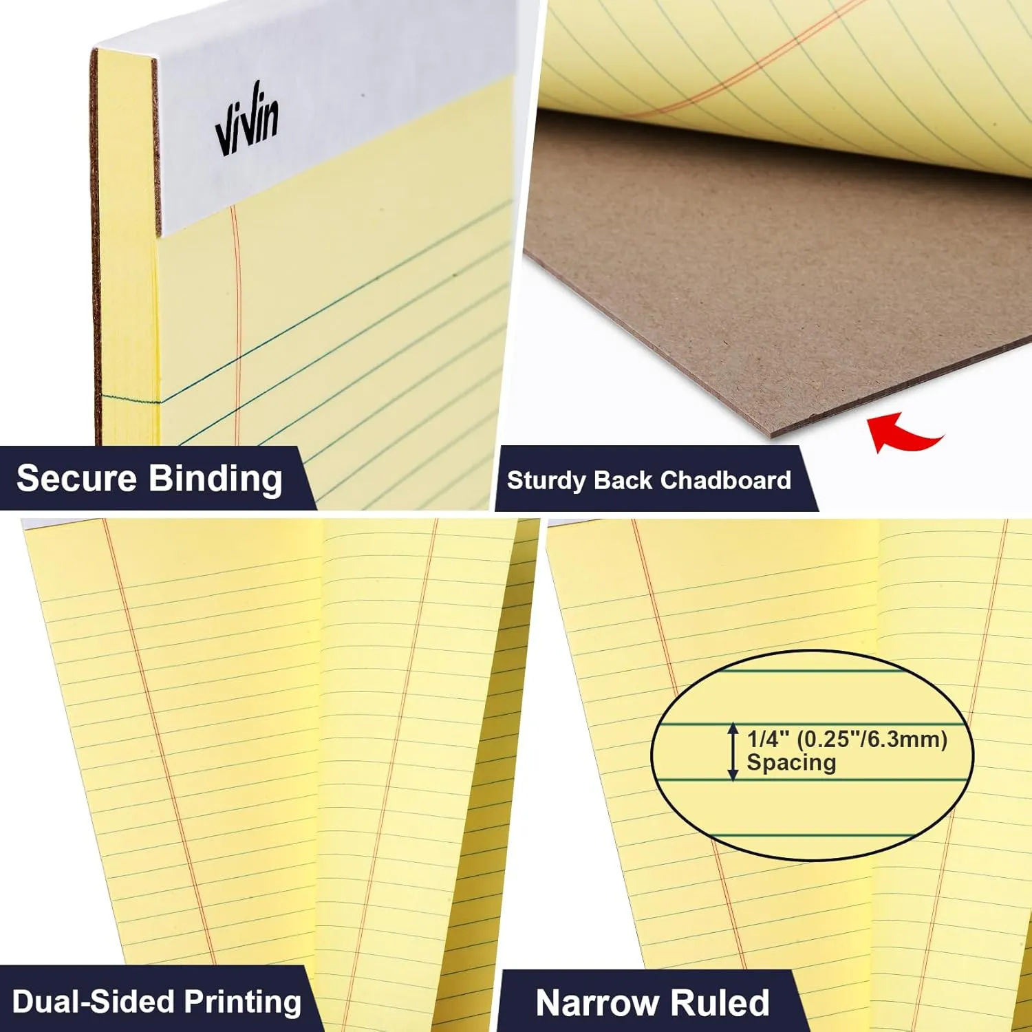 ViVin 5 x 8 Inch Legal Pads, 6 Pack, Narrow Ruled, 50 Sheets Per Writing Pad, Perforated Note Pads Ideal for Home, Office, Business, 300 Sheets (6 Pack of 50), Canary Yellow Paper