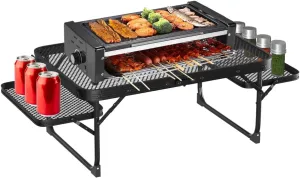 VYSN Fresh Fab Finds FFF-GPCT4032 Foldable Camping Table Collapsible Picnic Aluminum Alloy Grill Stand 88 lbs Max Load BBQ Table with 2 Side Trays Black