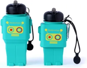 Water Bottle Cartoon Kettle Portable Anti-Fall and Leak-Proof Silicone Folding Water Cup Outdoor Sports Cup(Green Robot)