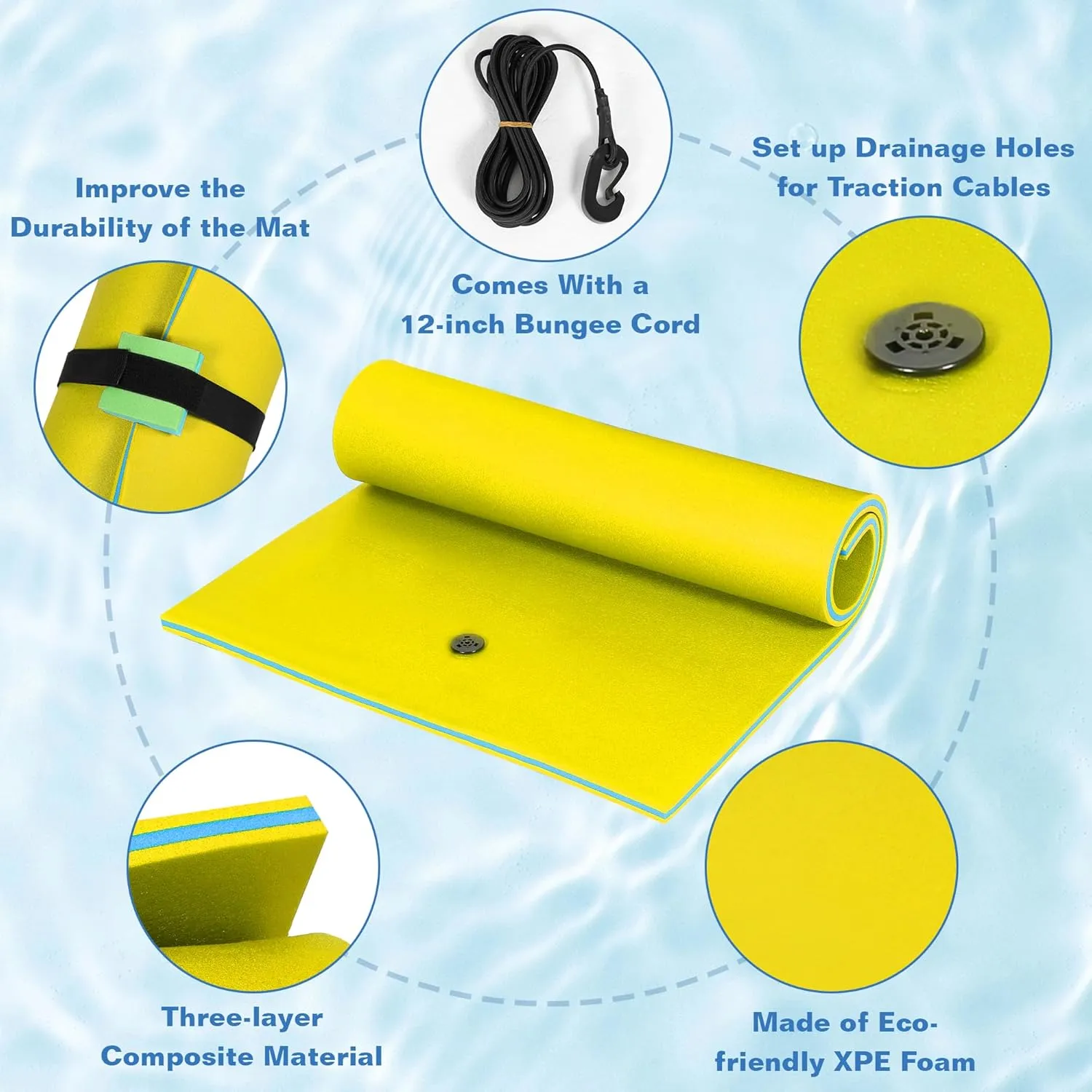 Water Floating Mat 9/12/18 FT Foam Lake Floats Floating Foam Pad Lily Pad for Water Recreation and Relaxing Lily Mat for Family Floating Pad for Pets Pool Float for Party (Blue/Yellow)