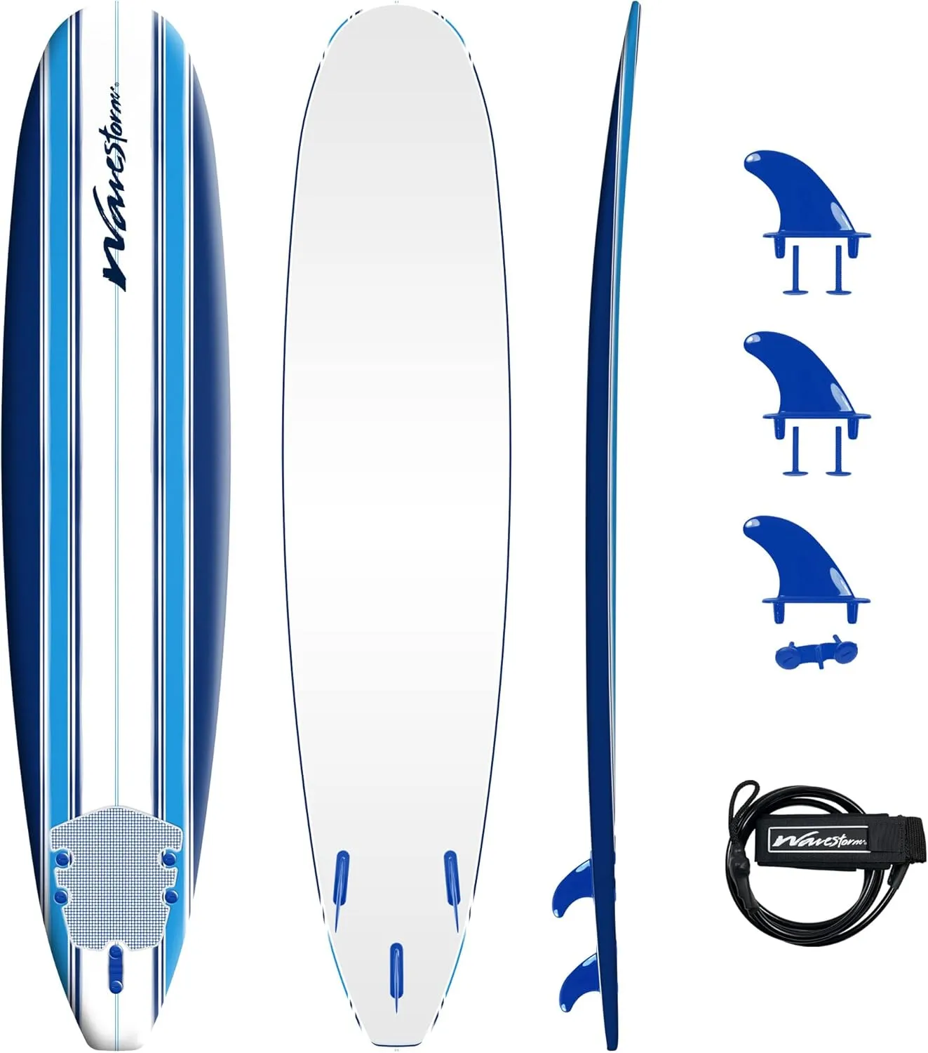 Wave Storm - Classic Soft Top Foam 9ft Surfboard for Beginners and All Surfing Levels Complete Set Includes Leash and Multiple Fins Heat Laminated, Blue Pinline