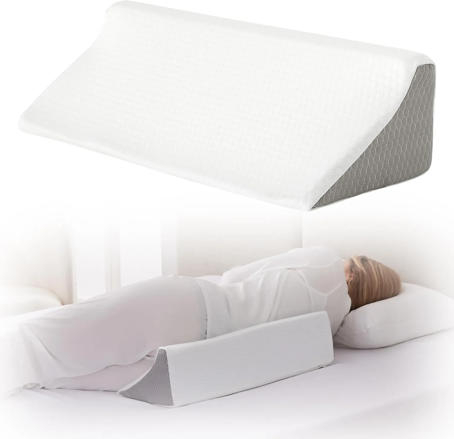 Wedge Pillow for Side Sleeping, Comfort Foam Back Pillow for Side Sleeper, Bed Wedges & Body Positioners for After Surgery, Pregnancy Support, Back Pain, Preventing Bedsores, White/Grey