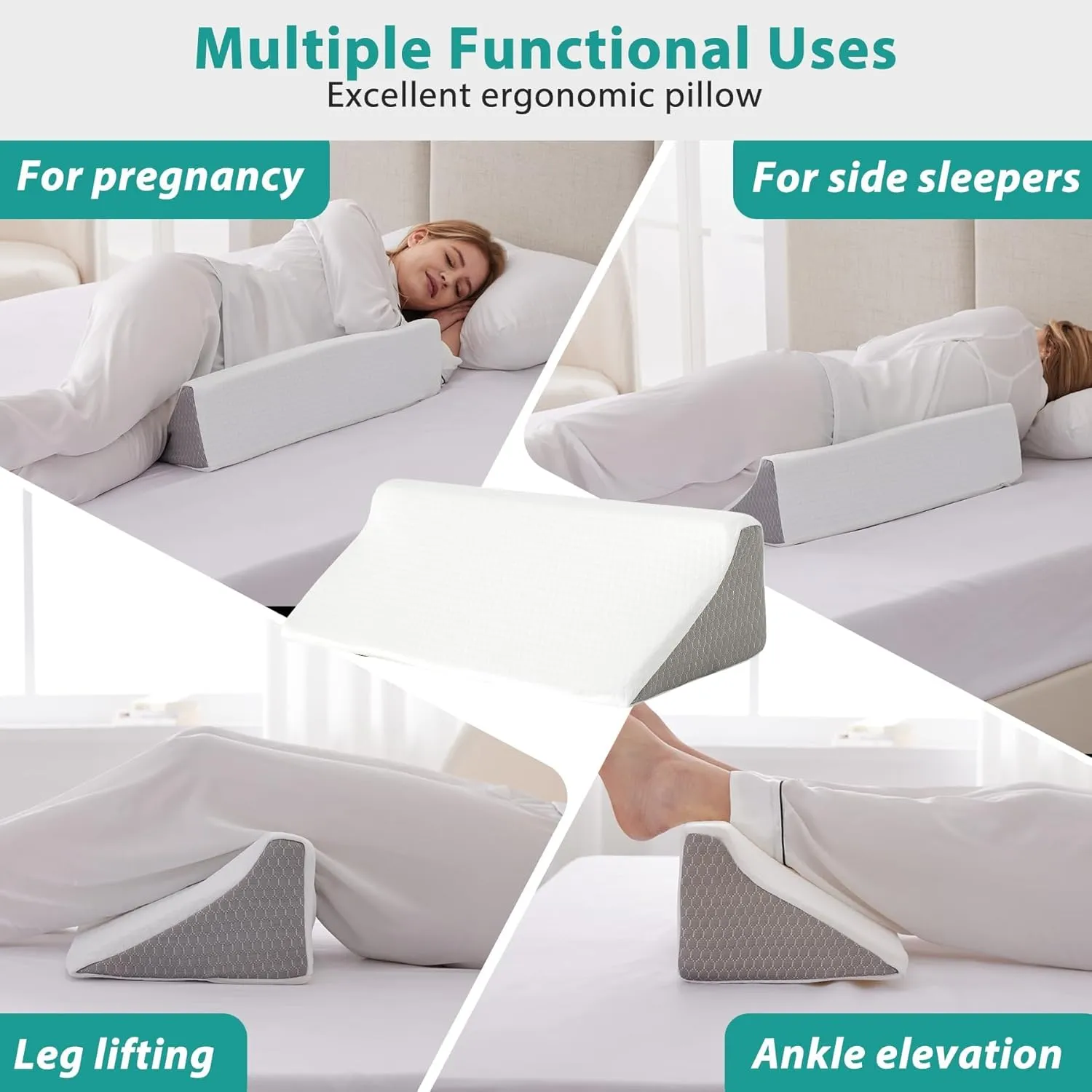 Wedge Pillow for Side Sleeping, Comfort Foam Back Pillow for Side Sleeper, Bed Wedges & Body Positioners for After Surgery, Pregnancy Support, Back Pain, Preventing Bedsores, White/Grey