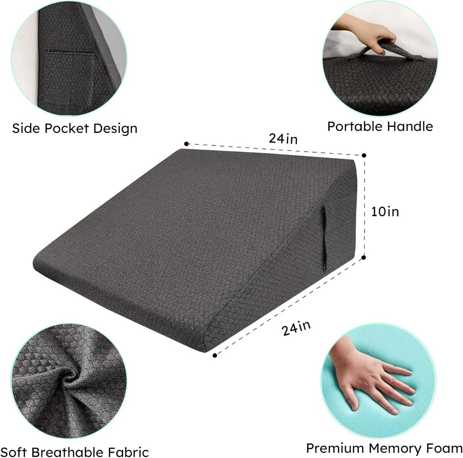 Wedge Pillow for Sleeping, 10 inch Elevated Support Bed Wedge Pillow, Breathable Triangle Pillow Wedge with Cooling Memory Foam Top - Removable Washable Cover, Black