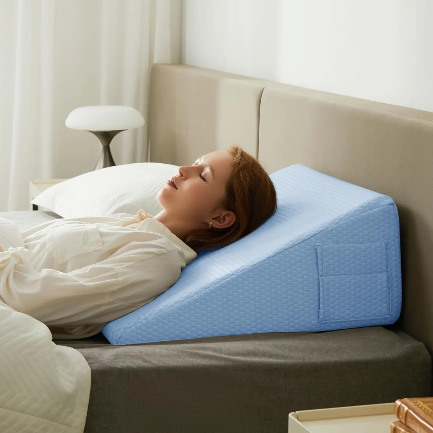 Wedge Pillow for Sleeping, 10 inch Elevated Support Bed Wedge Pillow, Breathable Triangle Pillow Wedge with Cooling Memory Foam Top - Removable Washable Cover, Light Blue